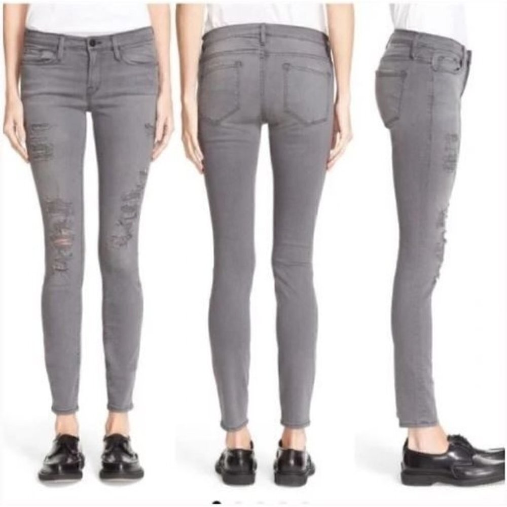 FRAME Denim Gray Distressed Ripped Le Skinny de Jeanne Skinny Jeans Pant Size 24